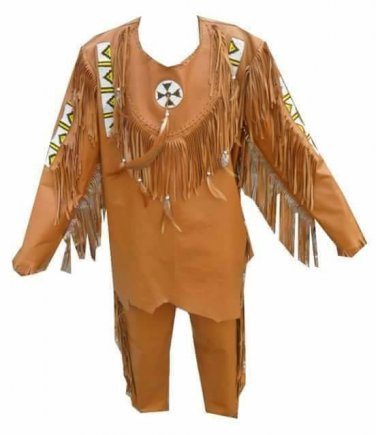 Men's New Native American Tan Brown Leather Shirt & Pant WS64 , Size : XL