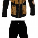 Men's Native American Black Suede Leather Fringes Western Shirt & Pant WS11 SIZE: XL