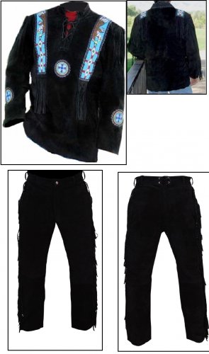 Men's New Native American Black Western Suede Leather Western Shirt & Pant WS27 SIZE: XL