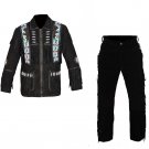 Men New Native American Buckskin Black Suede Leather Bead Shirt & Pant WS69 Size: XL