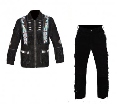 Men New Native American Buckskin Black Suede Leather Bead Shirt & Pant WS69 Size: XL