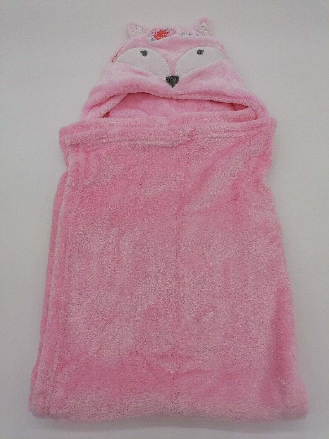 Soft and fluffy pink fox baby blanket with hood, one size fits all