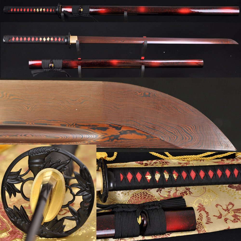 HIGH QUALITY JAPANESE SAMURAI NINJA SWORD Black&Red Folded Steel FULL TANG Blade
