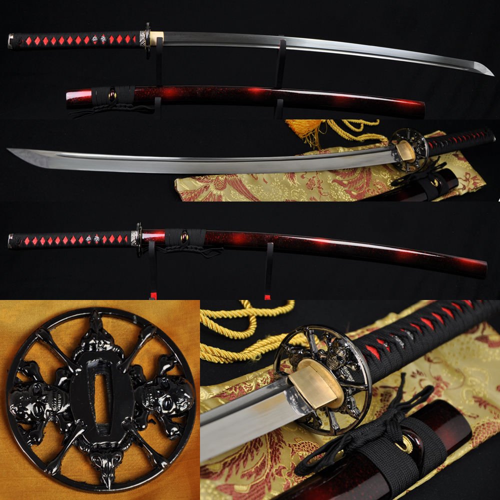 Handmade Japanese Samurai Functional Sword KATANA Folded Steel Blade Skull Tsuba