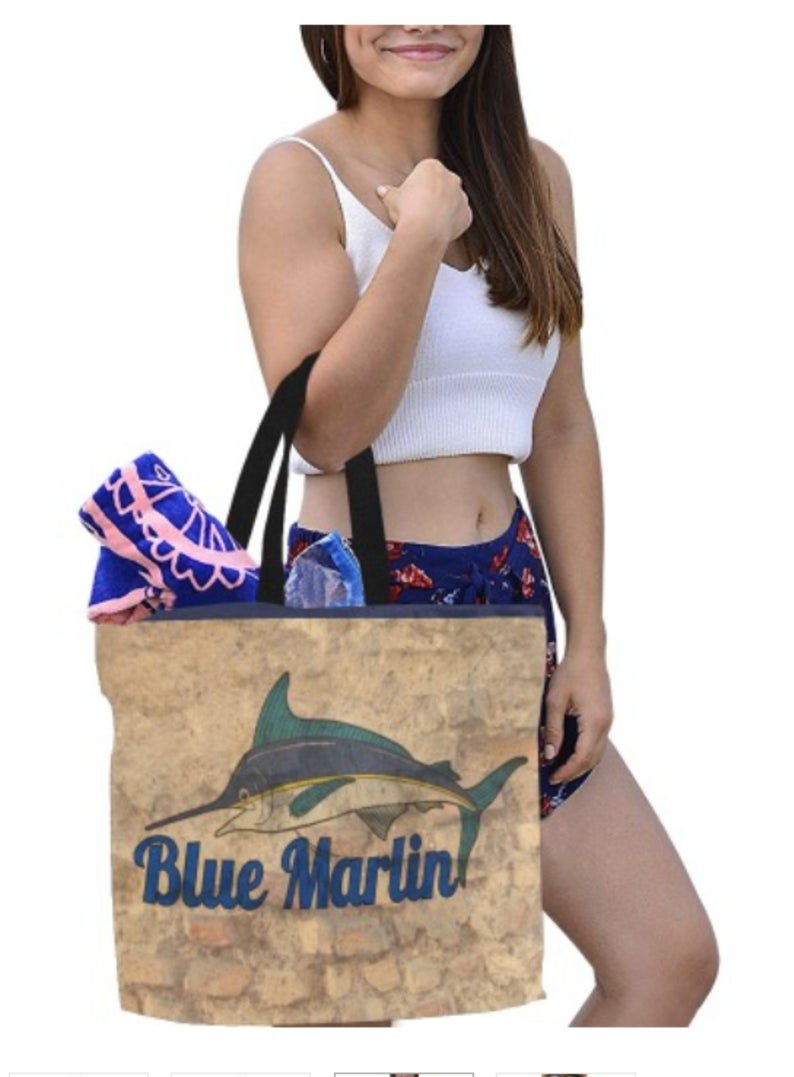 Large Blue Marlin Brick Print Canvas Tote Bag - M1699