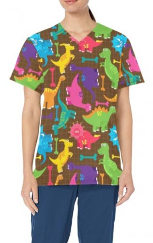 Multicolor Dinosaurs Print Medical Scrub Top  (Size Small)