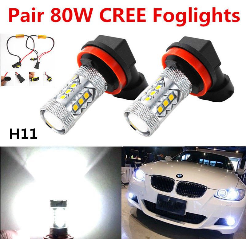 Pair H11 H8 80W Cree LED Fog Light Bulbs + Error Free Bypass Decoders Wire F BMW
