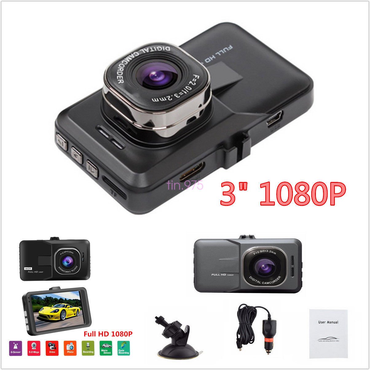 New 1080P 3" HD LCD Car Dash Camera Video DVR Cam Recorder Night Vision G-Sensor