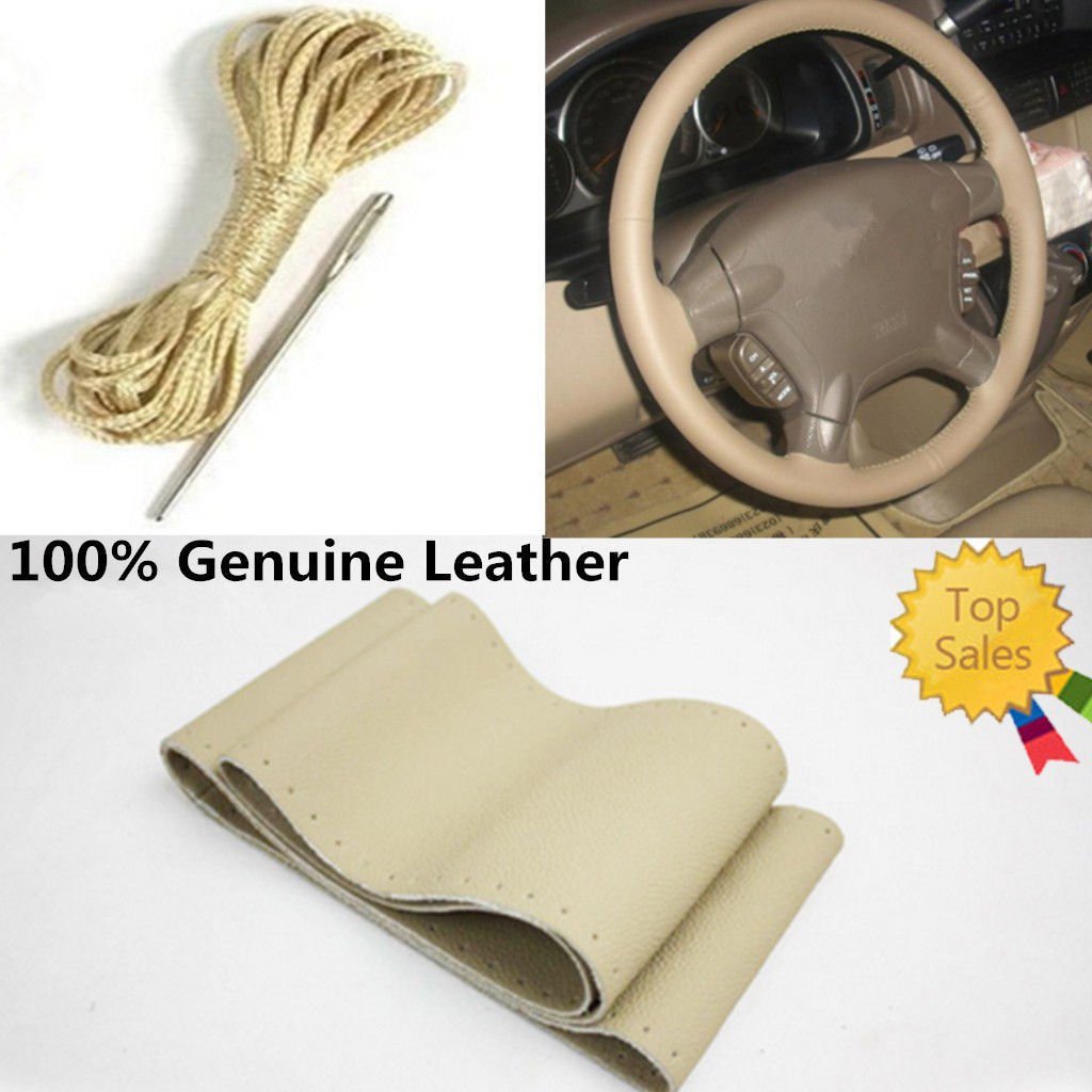 New Premium Beige Genuine Leather Steering Wheel Cover 38cm 15" For Car Volvo