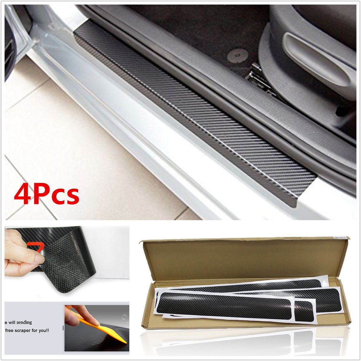 4Pcs 3D Carbon Fiber Black Car Door Sill Scuff Plate Cover Anti Scratch Sticker