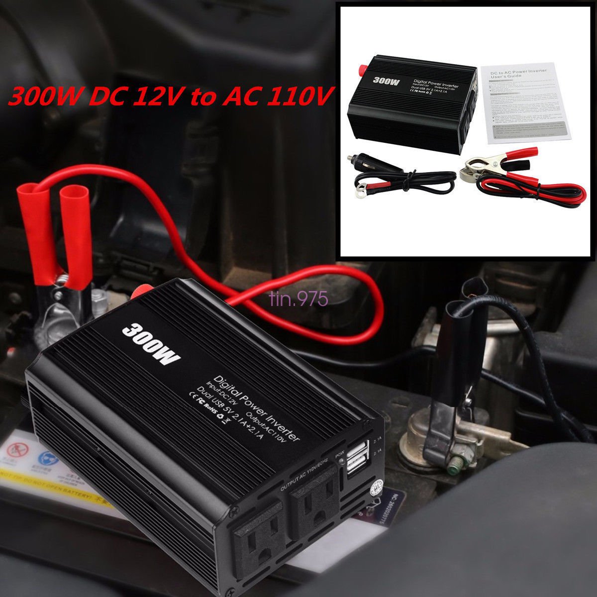 300W 12V DC To 110V AC Car Off-Road Electronic Power Inverter & Dual USB Port