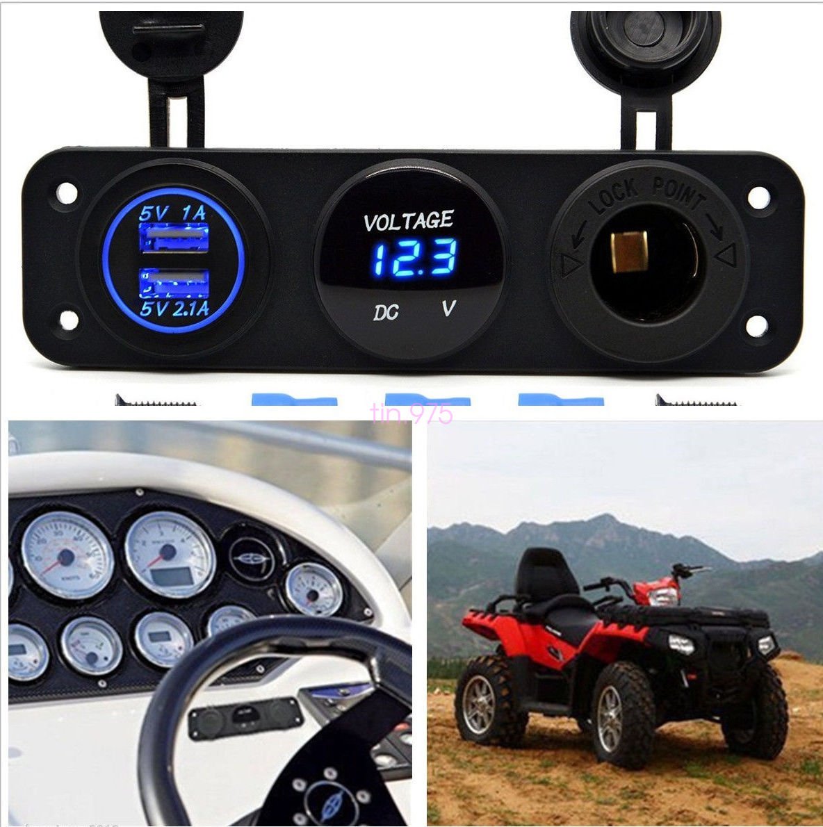 12V Dual Port USB Charger Socket Car Boat Blue LED Voltmeter 3 Hole Panel Outlet