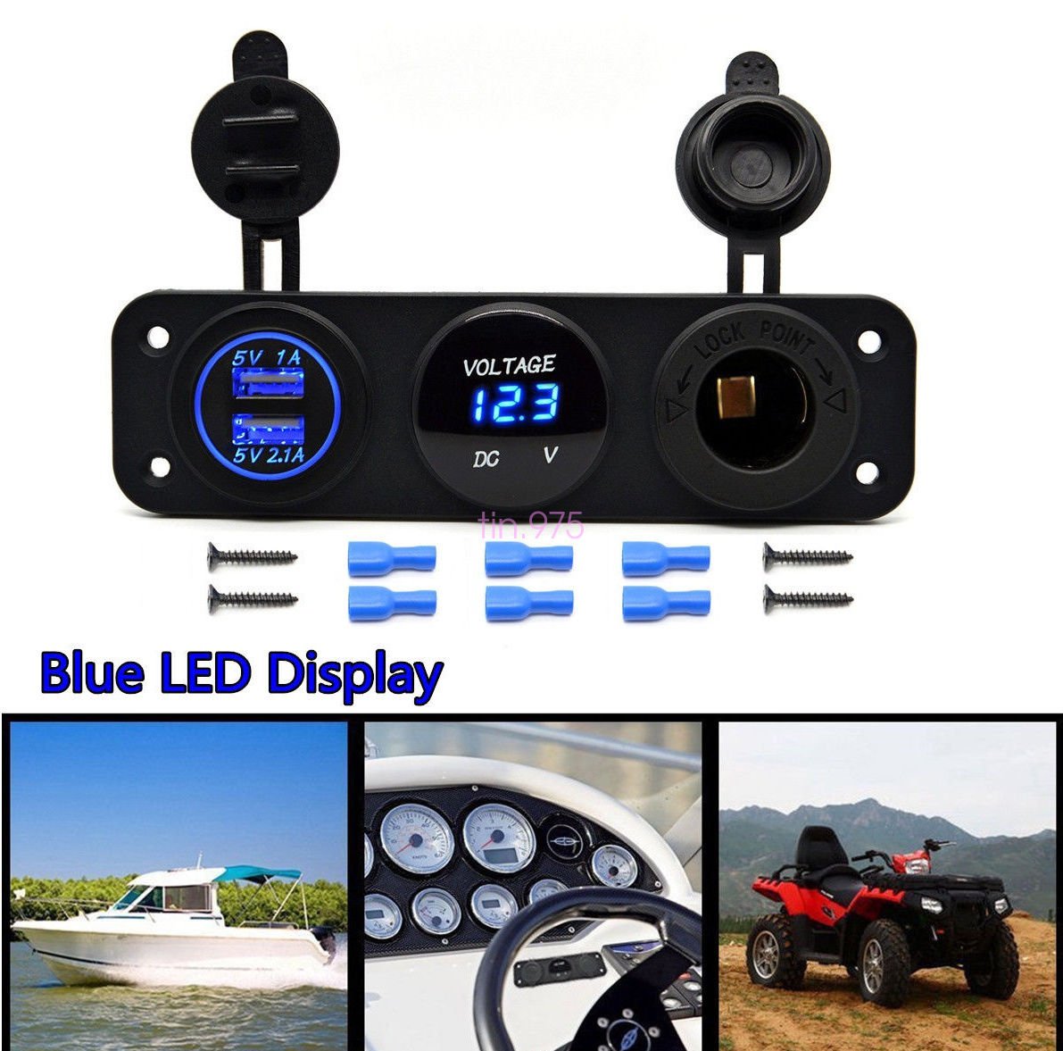 12V Dual USB Charger Socket & LED Voltmeter 3 Hole Panel Outlet Car Boat Marine