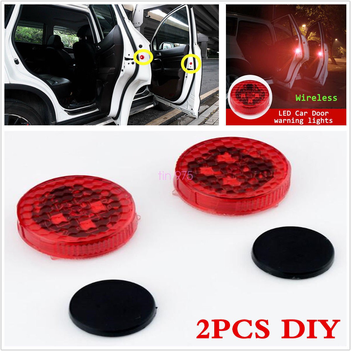 2 Pcs Car Door Opened Red LED Warning Light Wireless Flash Indicator Strobe Lamp