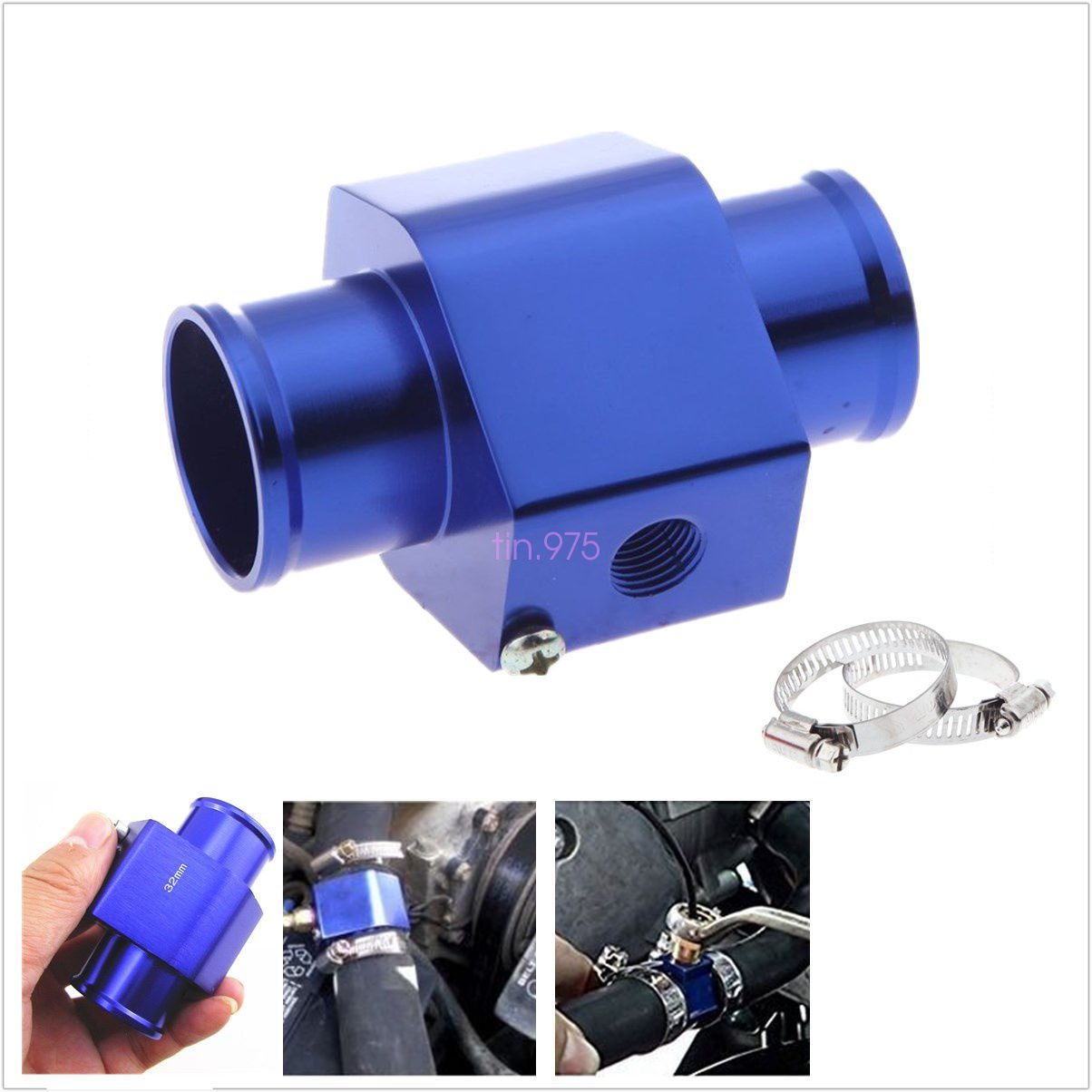 32mm Blue Metal Car SUV Water Temp Joint Pipe Sensor Gauge Radiator Hose Adapter