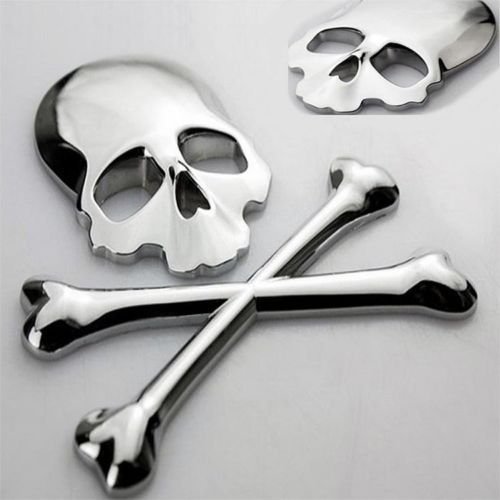 3D Chrome Skull n Cross Bones Logo Emblem Sticker Decal Real Metal Not Plastic