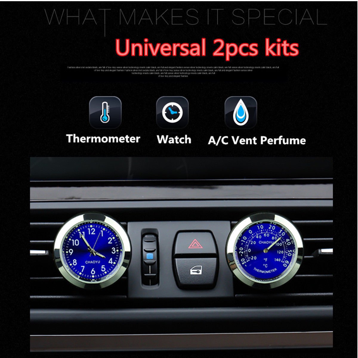 Car Clock Watch Thermometer A/C Vent Clip Gauge Trim Perfume Refill Storage+ LED