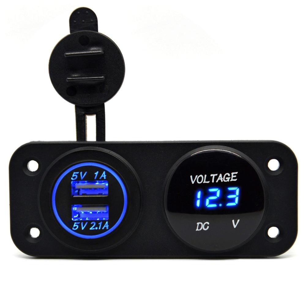 Car Boat 2-Hole Panel Dual USB Charger Adapter Angel Eye Blue LED Voltmeter Kit