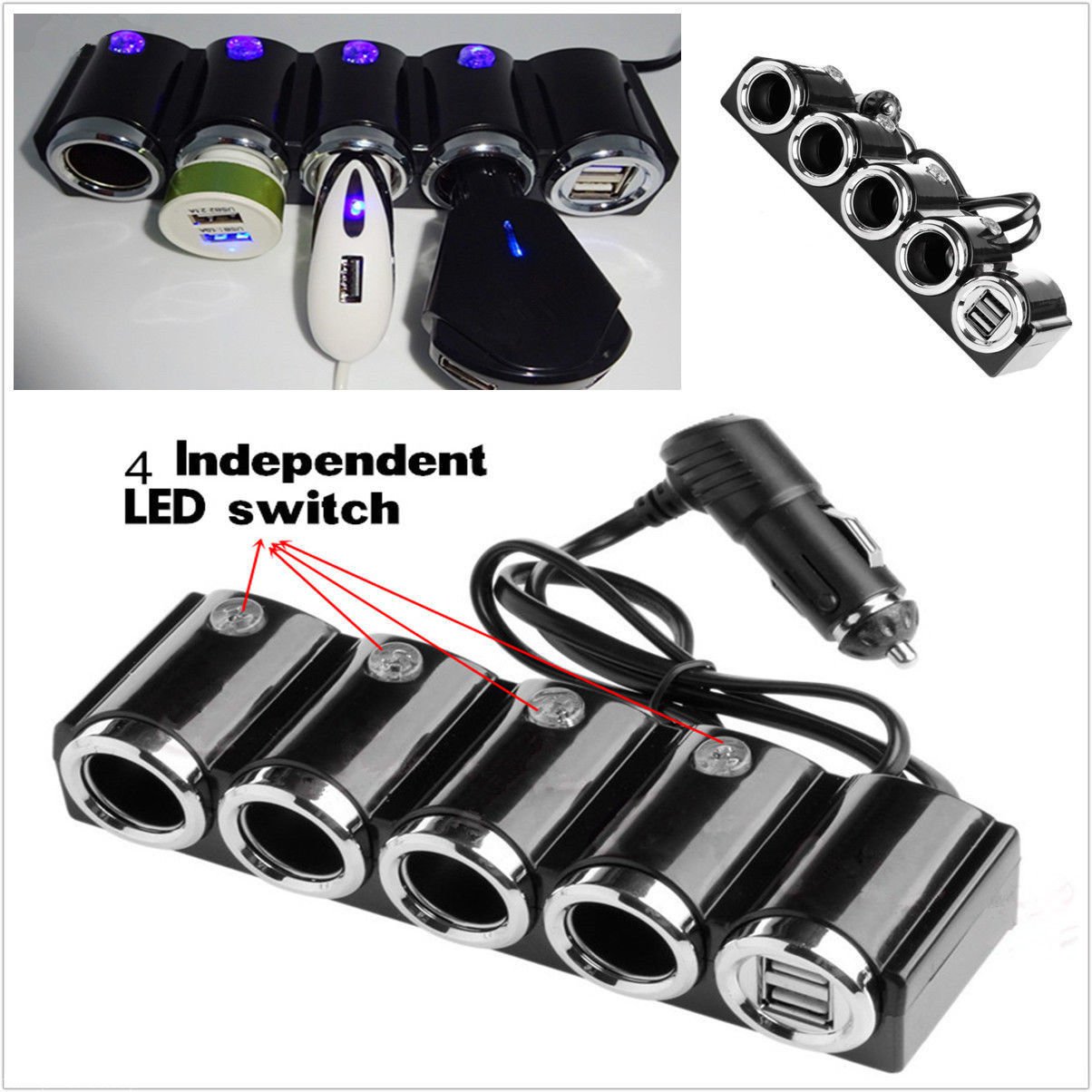 4 way Car Socket Cigarette Lighter Splitter 2 USB Power charger adapter 12V/ 24V