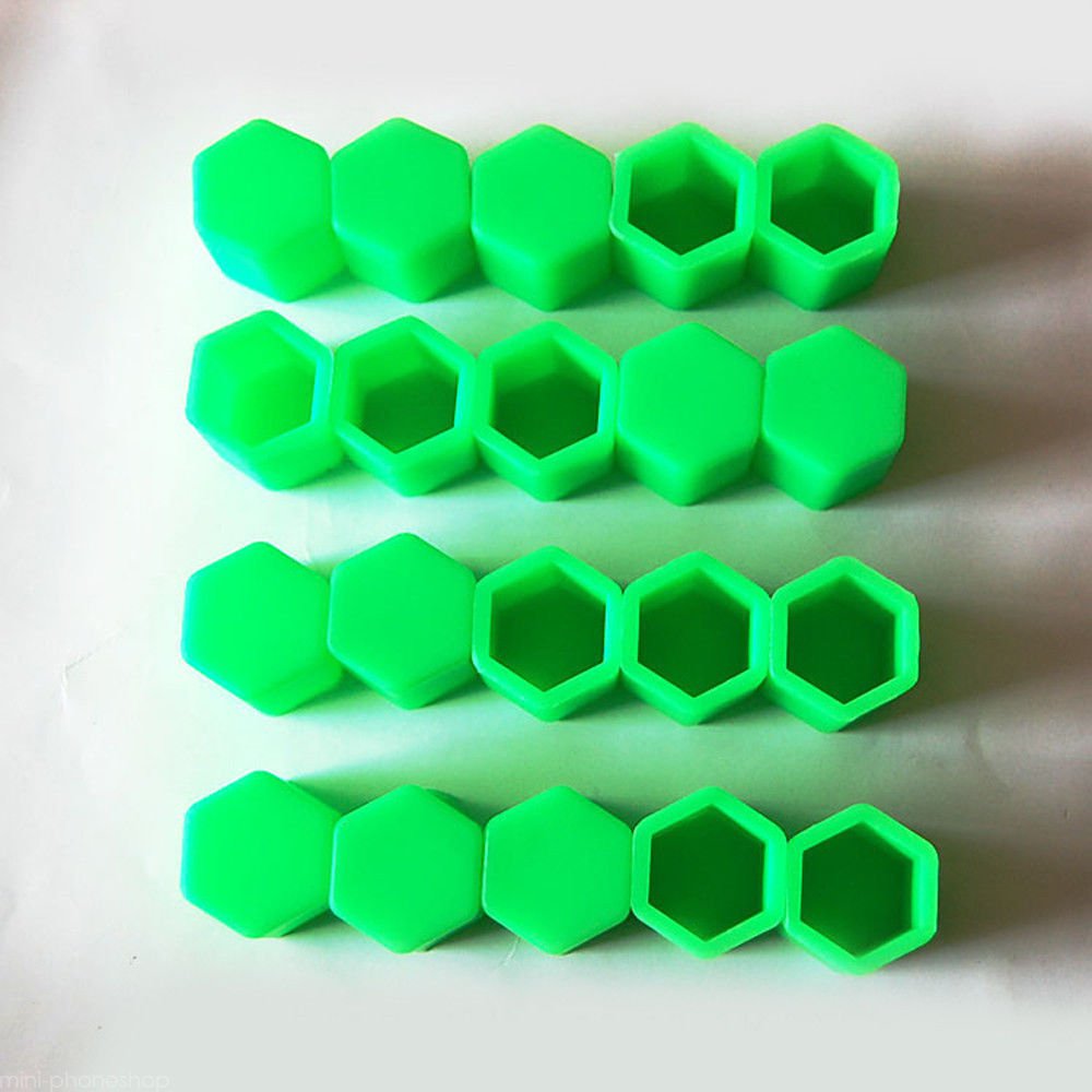 19mm Car Truck Wheel Tyre Centre Hub Screw Lug Bolt Green Rubber Caps Combo 20pc