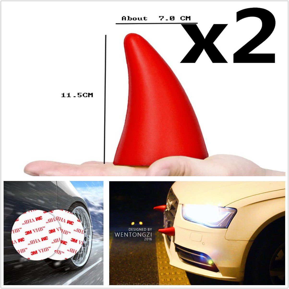 2Pcs Red PU Cute Little Demon Horn 3D Car Sticker Styling Anti-Collision Durable