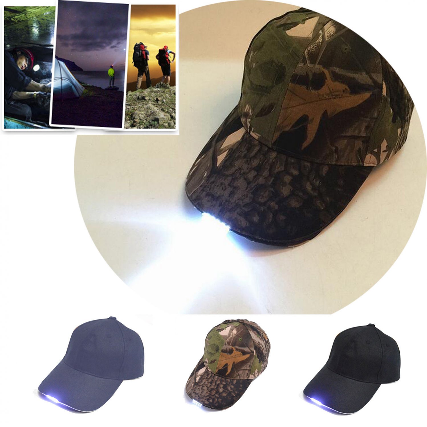 New Battery Powered Hat Adjustable outdoor Baseball Cap with 5 Bright LED Lights