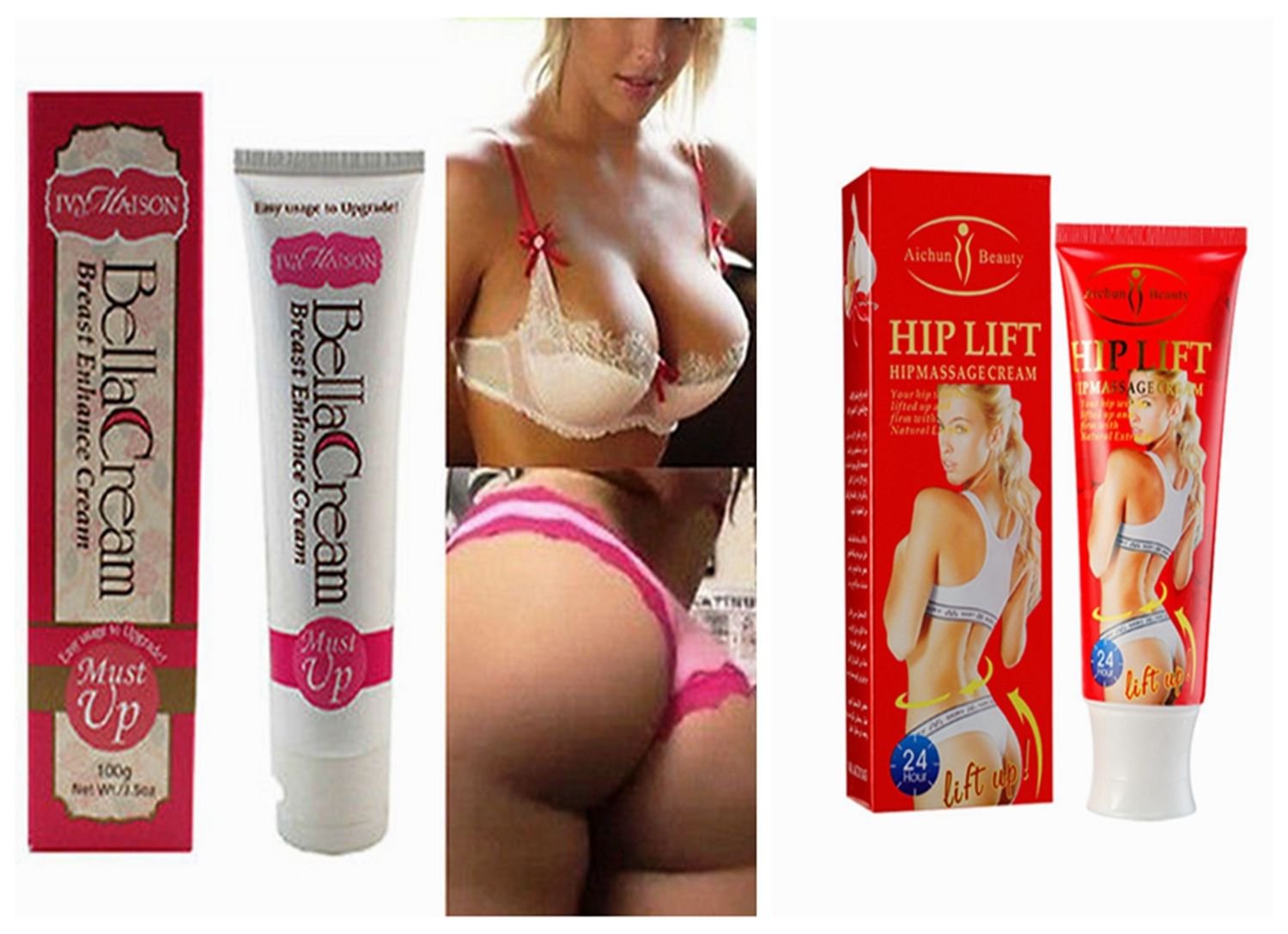 2 Pcs,1 Tube Breast Enlargement 3Cup Mustup Cream and 1 Tube Hip Lift up Cream