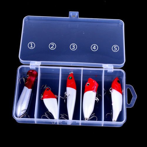 5pcs 3D Popper VIB Bait Fishing Lure Pencil Bait Crankbait Treble Hook W/box Set