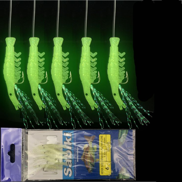 6pack  dark Baits Glowing Sabiki 5 Shrimp Rigs 6pack Fishing Lures Sea Bass