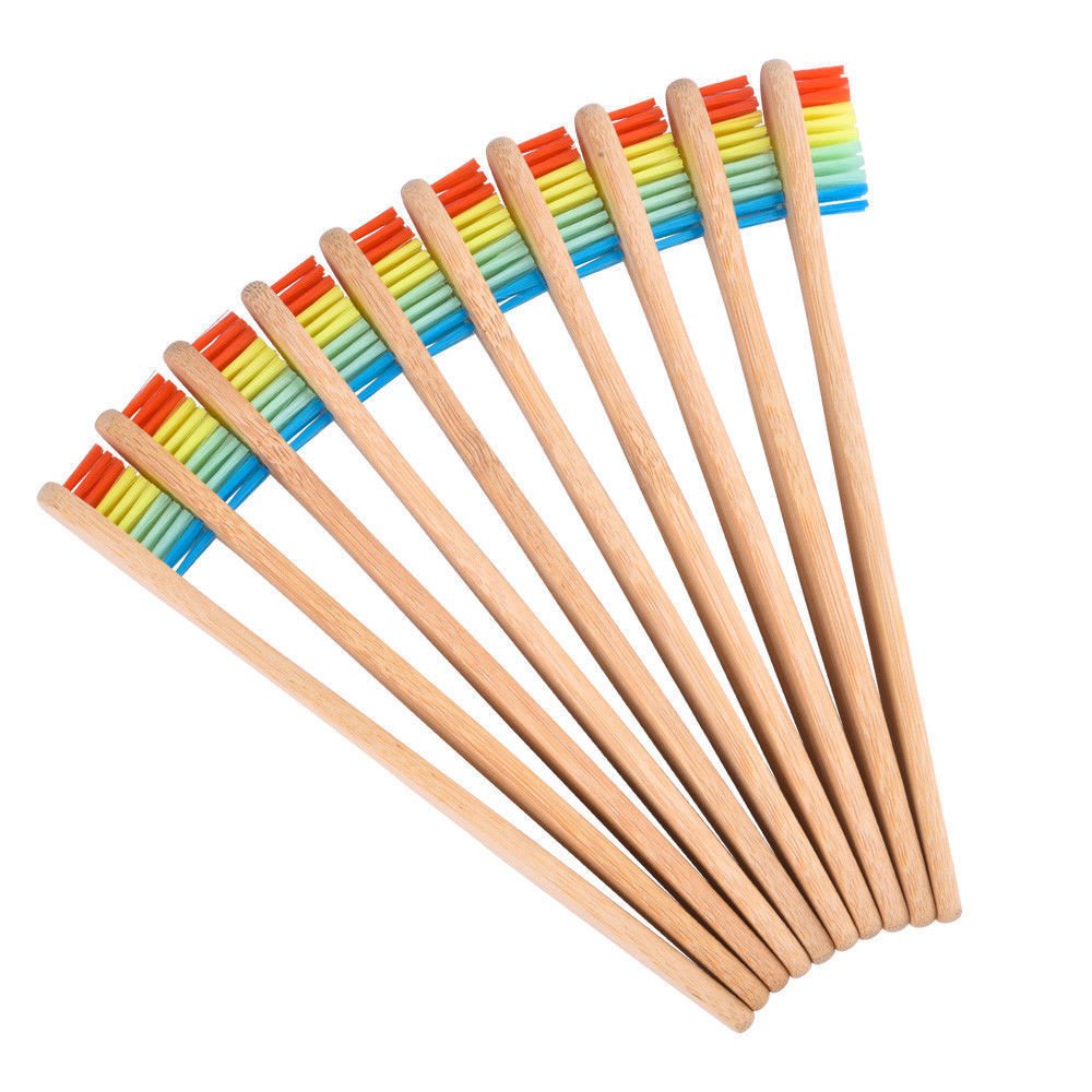 10 Pcs Rainbow Bamboo Toothbrush Colorful Soft Bristle Head Wooden Toothbrush