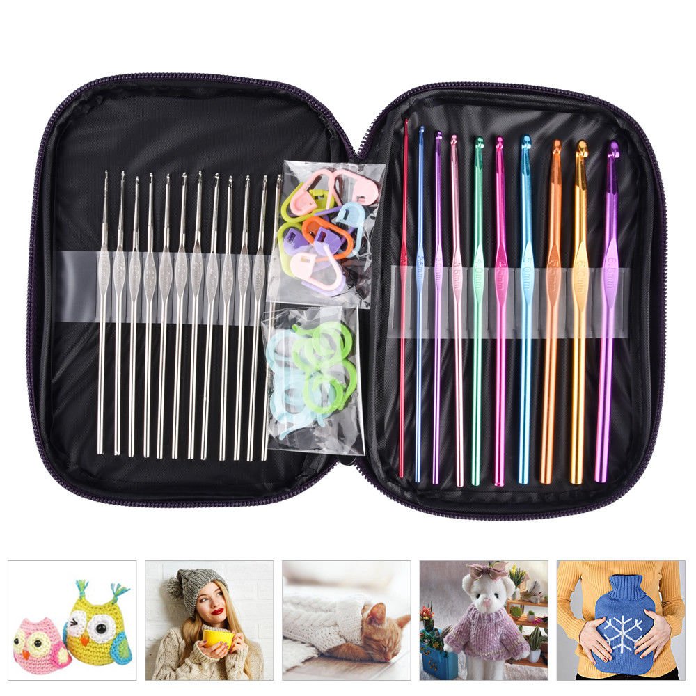 22pcs Mixed Colors Aluminium Crochet Hooks Knitting Needles Set Weave DIY Craft