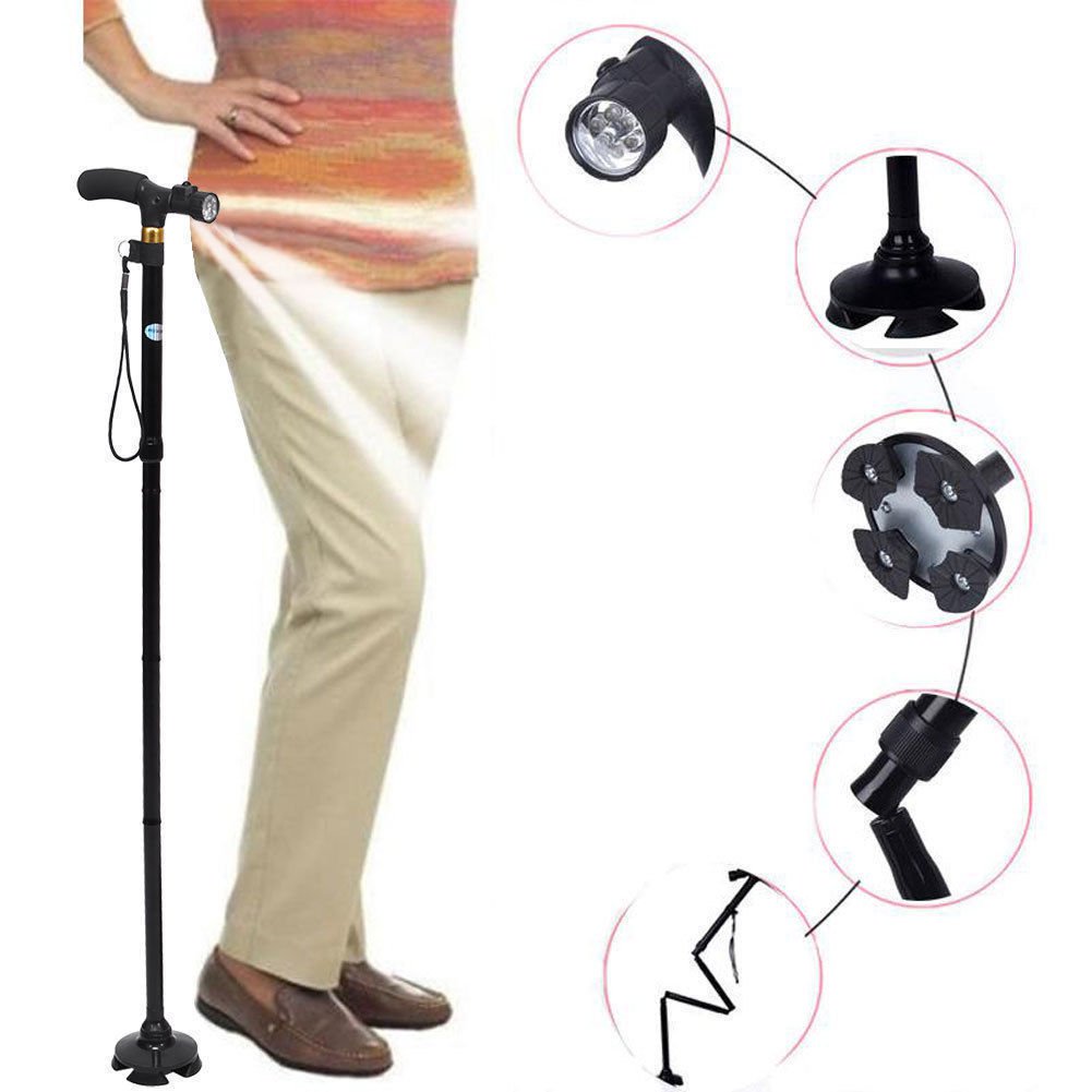 Aluminum LED Folding Crutches Handle Cane Elderly Climbing Walking Sticks Adjust