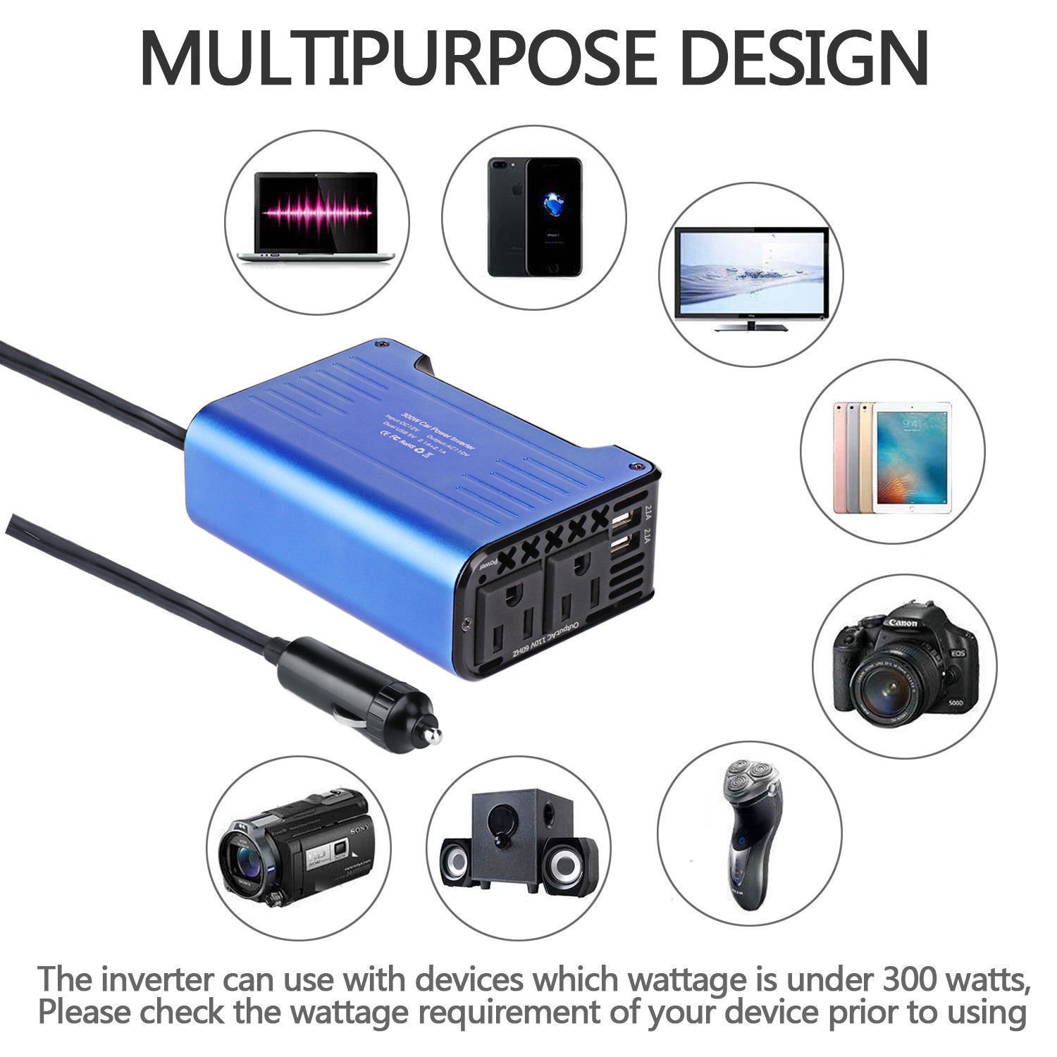 300W Car LED Power Inverter Converter DC 12V to AC 110V Car Adapter Dual USB 2.1