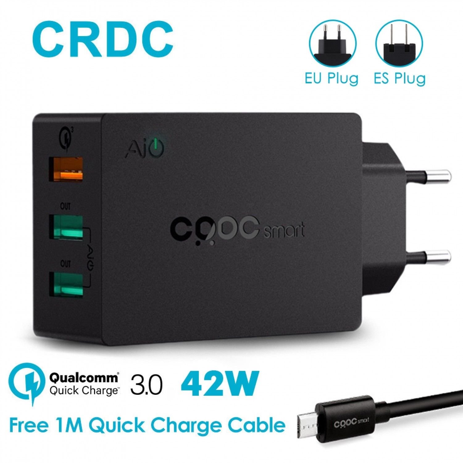 Qualcomm Certified CRDC Quick Charge 3.0 USB Wall Charger 3 Ports EU/US Plug 2.4