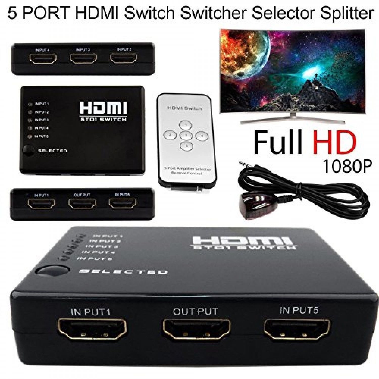 5 Port 1080P Video HDMI Switch Switcher Selector/ Splitter for HDTV DVD PS3 +IR