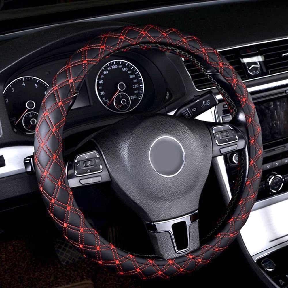 1pc 14'' 15'' Black/Red Car Faux Leather Auto Steering Wheel Cover Universal