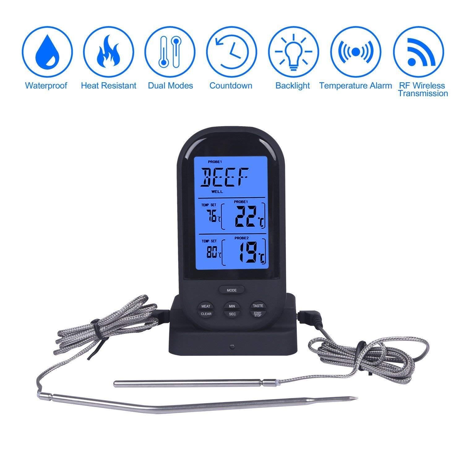 US Wireless WIFI Digital Dual Probe Barbecue Thermometer BBQ Oven Cooking Meat