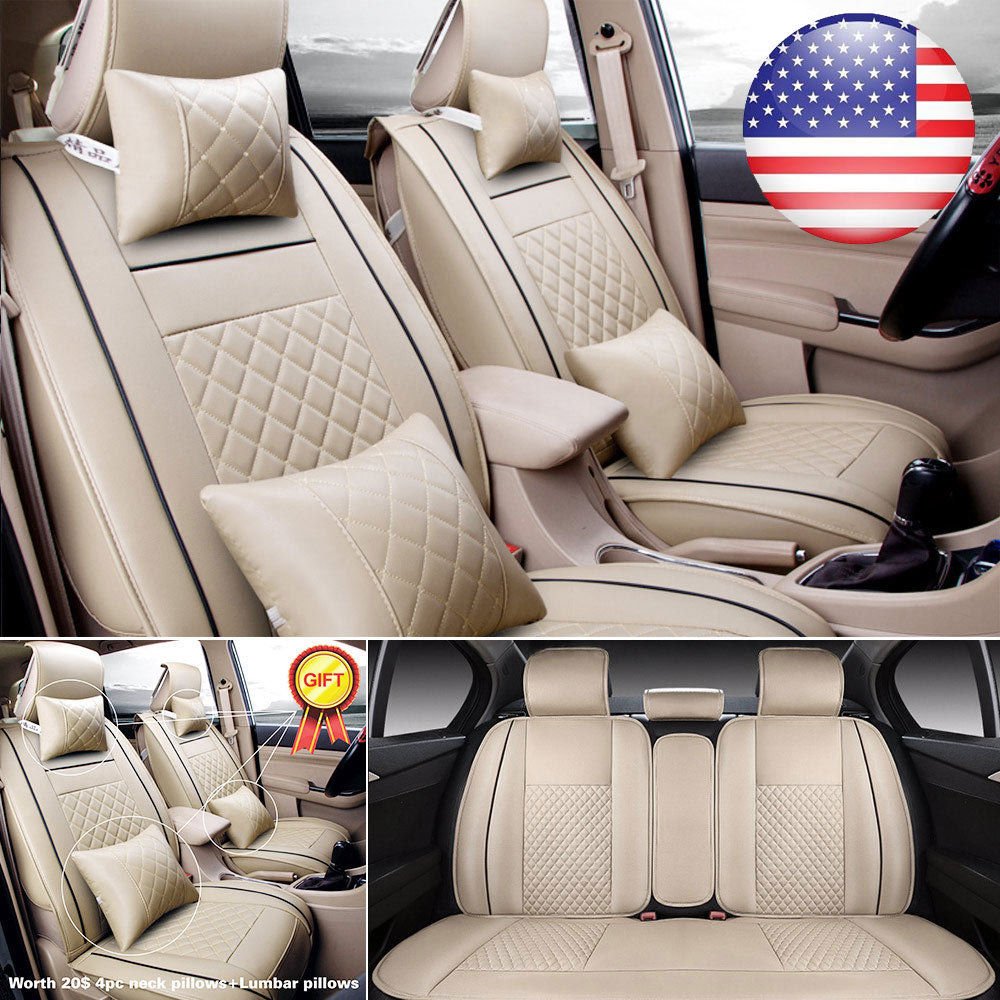 US Car L Size Beige PU Leather Seat Covers 5-Seat Front+Rear+Neck Lumbar Pillows