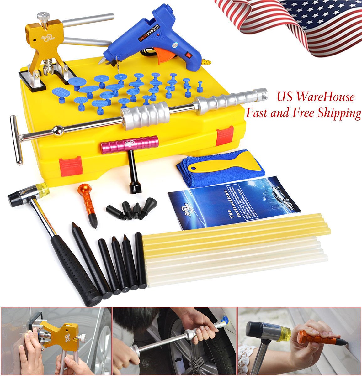 US STOCK Paintless Dent Repair PDR Slide Hammer Dent Lifter Box Hail Tools Set