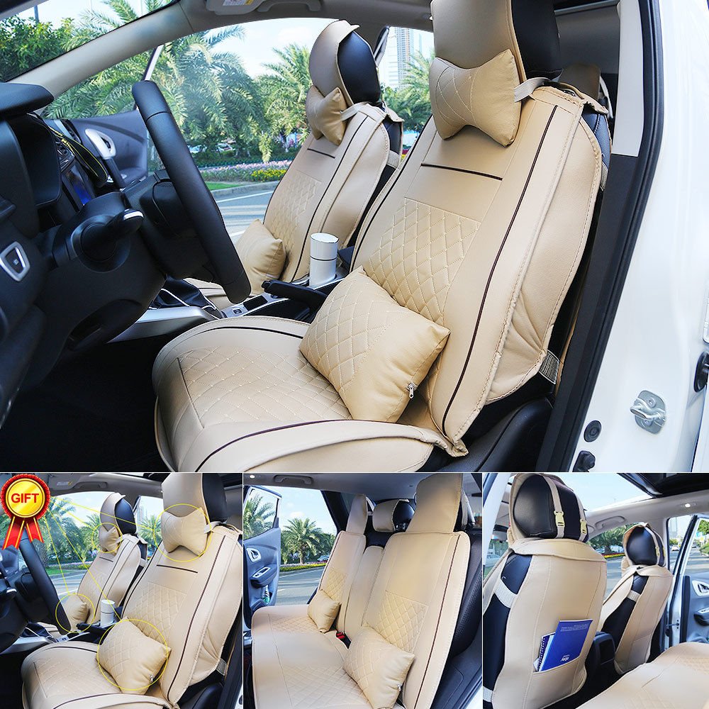 US M Size Car SUV 5-Seat PU Leather Seat Covers Front+Rear+Pillows Beige Set EGD