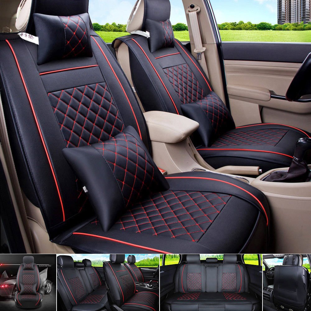 5-Seat SUV Car PU Leather Seat Covers S Size Front + Rear w/ 4 Pillows Black/Red