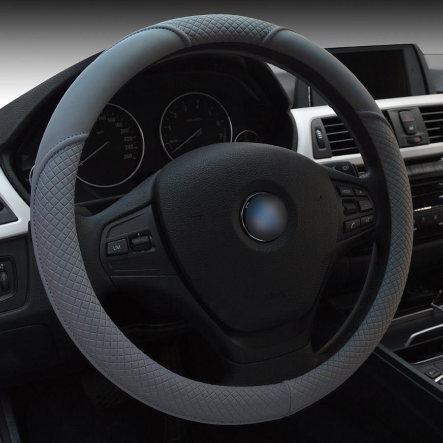 Durable Gray Grey PU leather Car Auto Steering Wheel Cover 15'' 38cm All Seasons