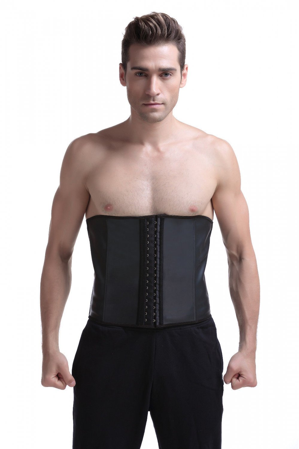 Men Black Smooth Latex Rubber Corsets Waist Cincher Basque Body Shaper Shapewear