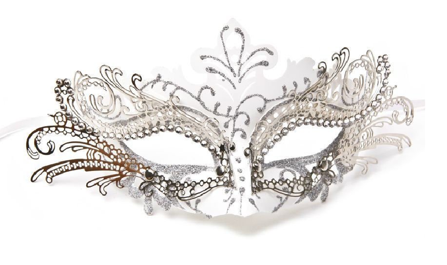 Laser Cut Metal Venetian Mask Masquerade Silver White w/Rhinestones White Ties