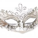 Laser Cut Metal Venetian Mask Masquerade Silver White w/Rhinestones White Ties