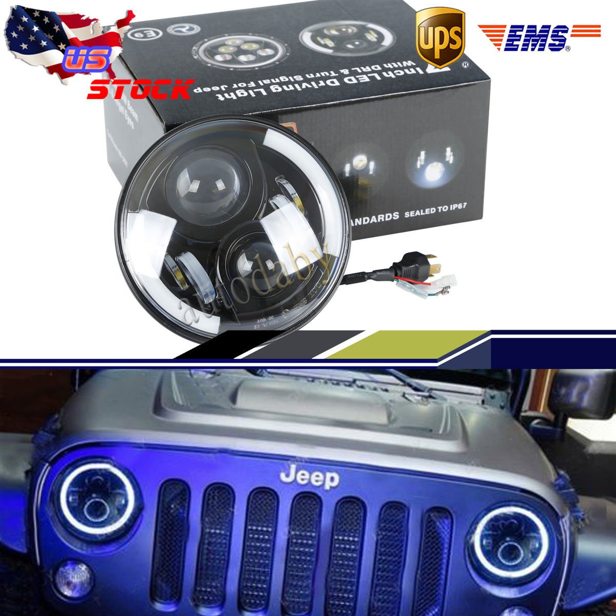 7 inch 48W LED Headlight H/L Beam White Halo Angel Eyes for Jeep Wrangler