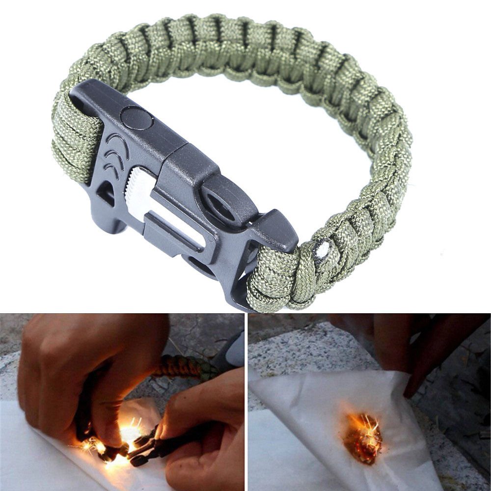 Survival Bracelet Outdoor Paracord Flint Fire Starter Scraper Whistle Kits Green