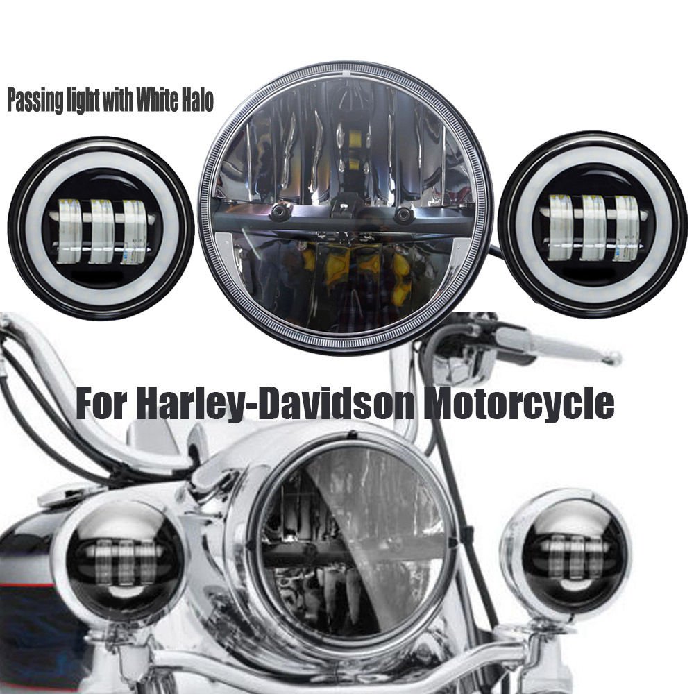 36W 7" LED daymaker Headlight& 2x 4.5" Passing Lights Halo For Harley Motorcycle