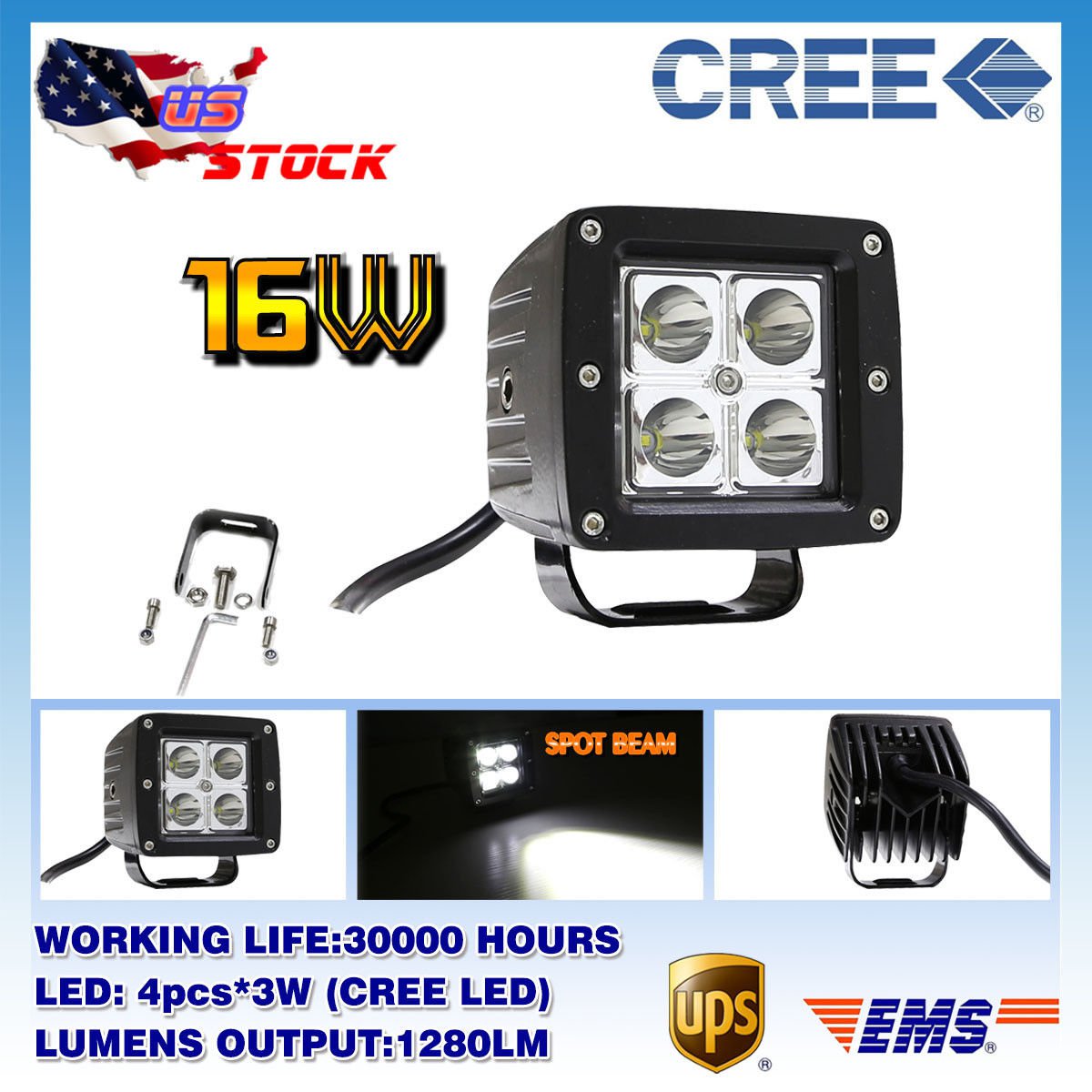 1x Dually Cube 16W CREE LED Spot Fog Driving Light For Offroad Bar Jeep Truck