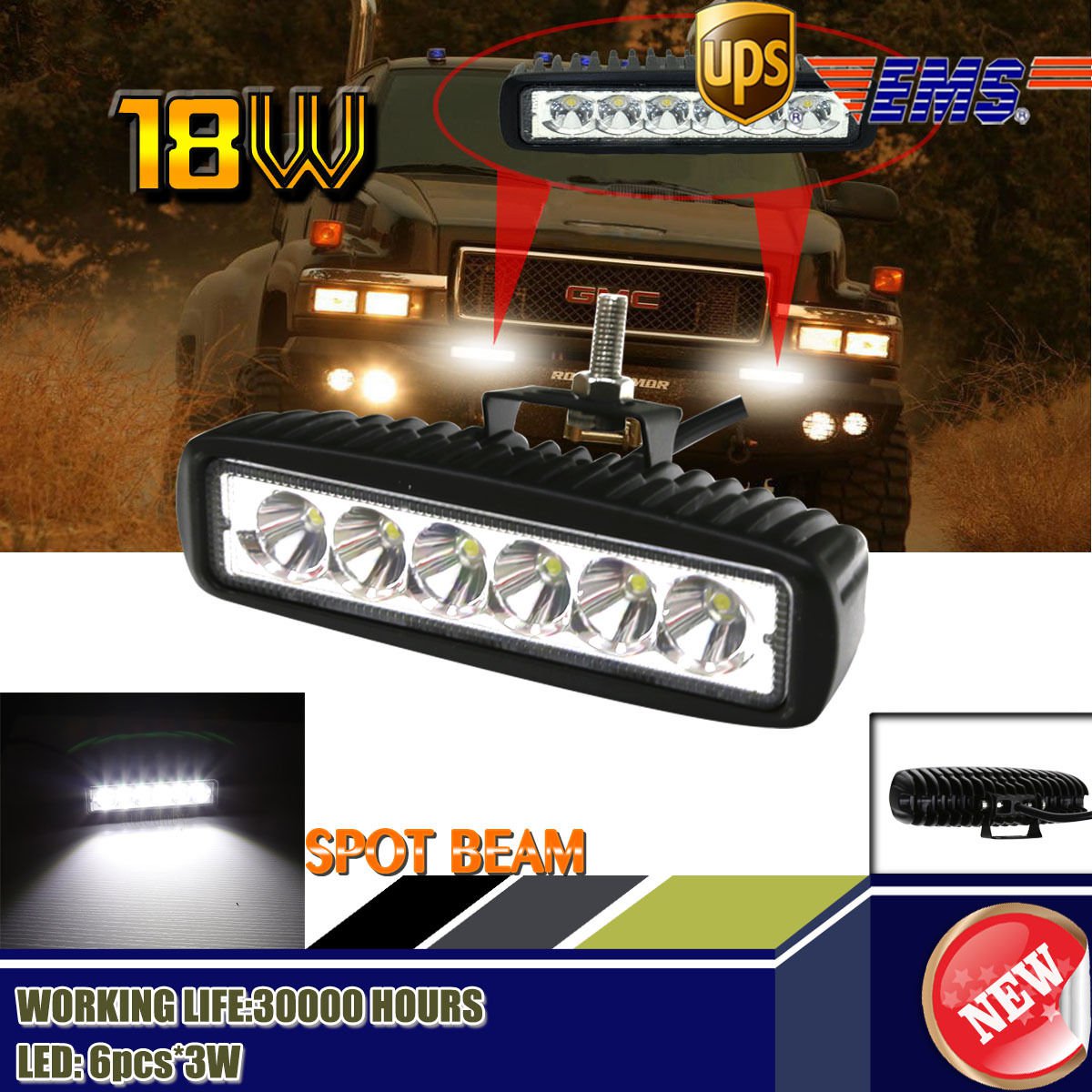 1pcs 6"inch 18W LED Work Light Bar Driving Lamp for Motorcycle Boat SUV ATV